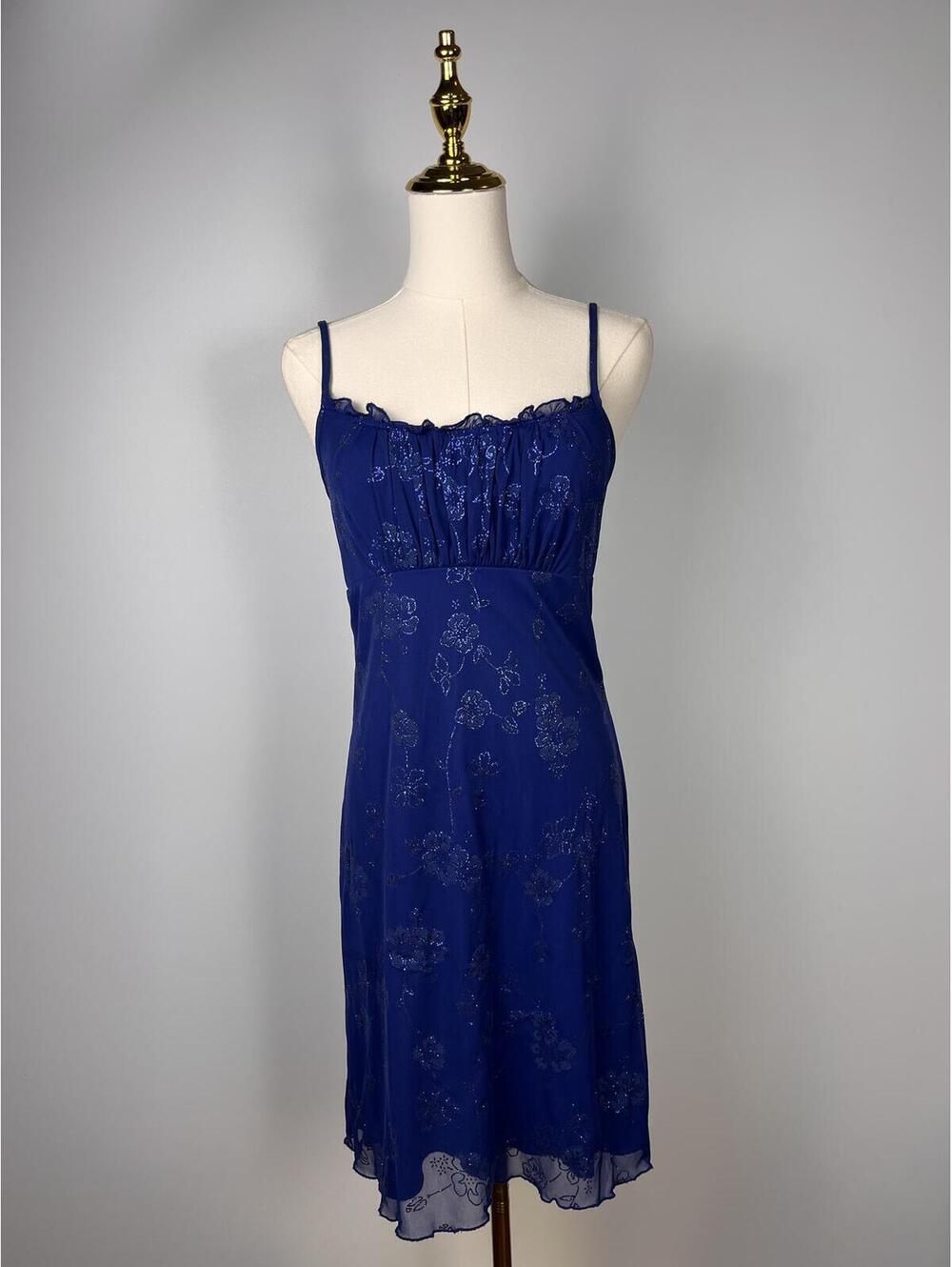 True 2K California Concepts Blue Glitter Floral Mesh Slip Dress Size Medium